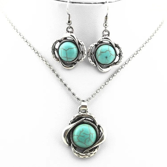 **ZENDAYA* 3-Pc Silver x Turquoise Vintage Flower Shaped Jewelry Set - Picture 2 of 5